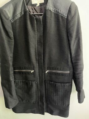 Maje Black Textured Collarless Leather-Trim Coat